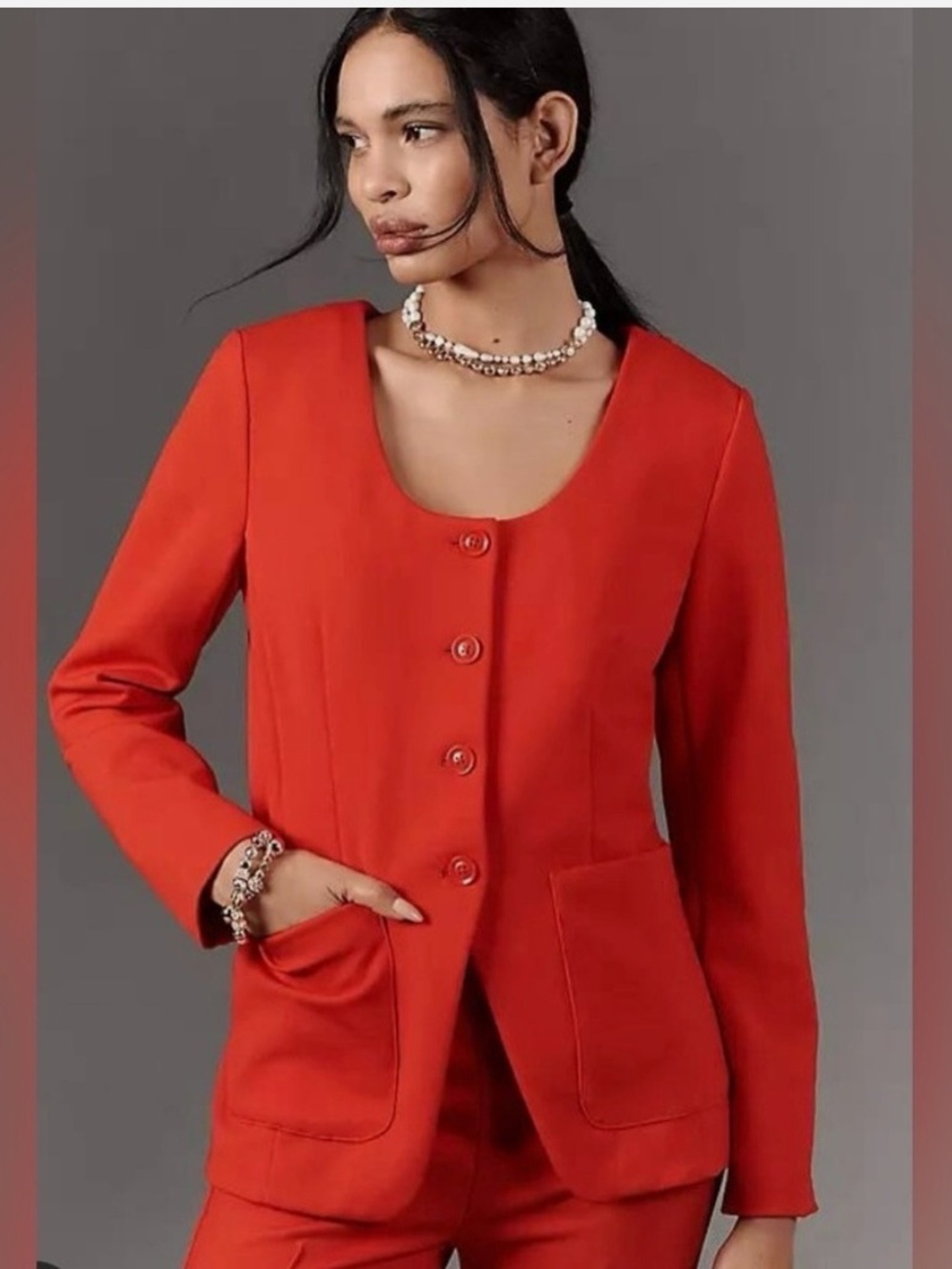 Anthropologie Maeve Scoop-Neck Cutaway Blazer Women's Red Button-Up Jacket
